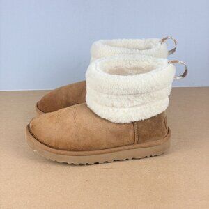 UGG Classic Mini Fluff Quilted Boot Womens 6 Tan Cream Pull On Casual